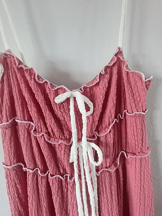See You Monday Maxi Dress Medium Pink Boho Ruffle Flowy Sundress Tie Front - Picture 3 of 10